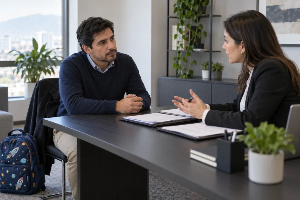 Un progenitor consulta con una asesora sobre la organización del cuidado de su hijo.