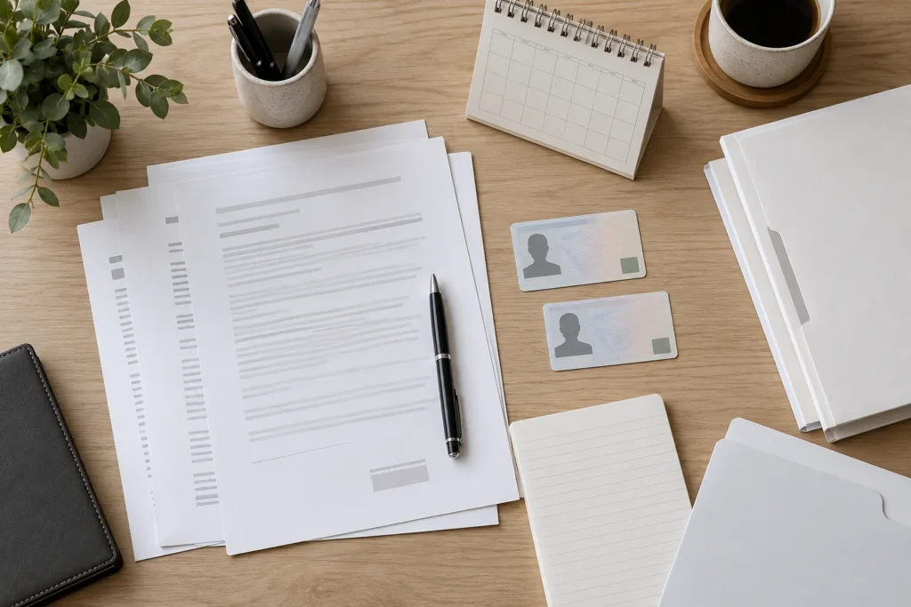 Carpeta organizada con documentos y un calendario para preparar una consulta.