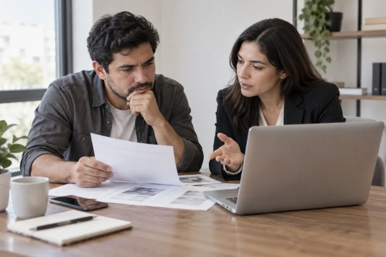 Dos personas revisan documentos de una operación contractual y sus pagos.